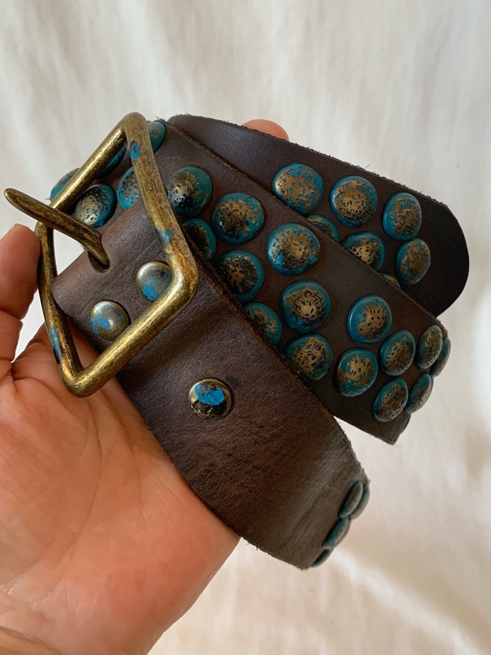 Bed Stu Brown Leather Studded Belt with Turquoise Accents Size Large NWOTS